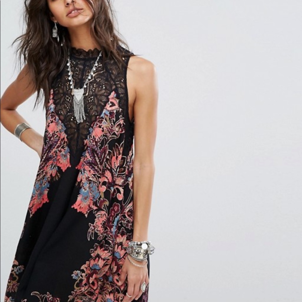 Free People Black Lace Floral Slip Dress with Pink and Blue Embroidery-XS